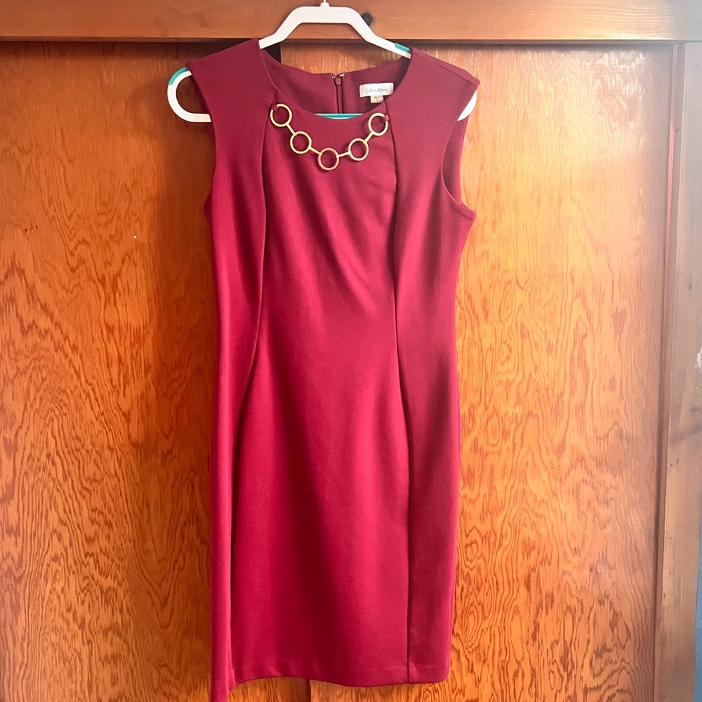 Calvin Klein Maroon Dress with Gold Accent